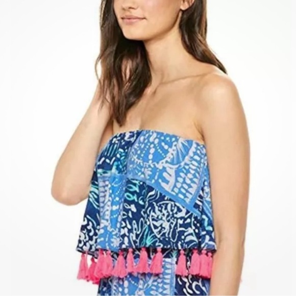 Lilly Pulitzer Strapless Blue & Pink Meridian Midi Dress Size Medium - Picture 3 of 10